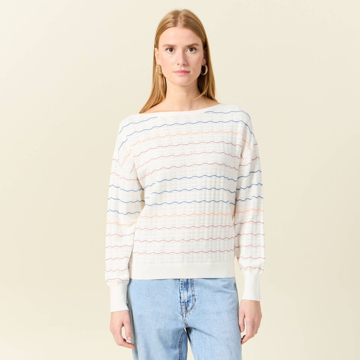 Pull manches longues ajouré ecru femme