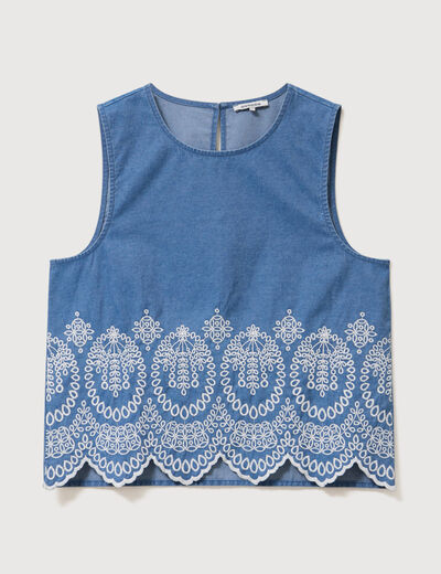 Top en jeans sans manches col rond bleu clair femme