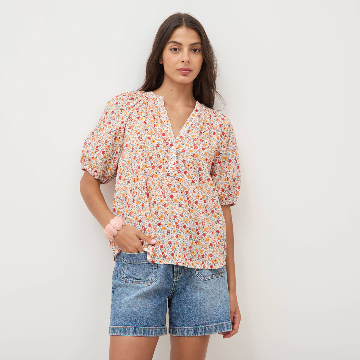 Blouse droite en coton manches courtes orange fonc&eacute; femme