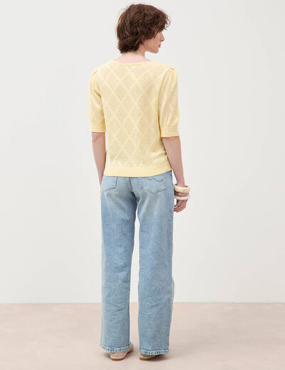 Pull ajour&eacute; droit court manches courtes jaune clair femme