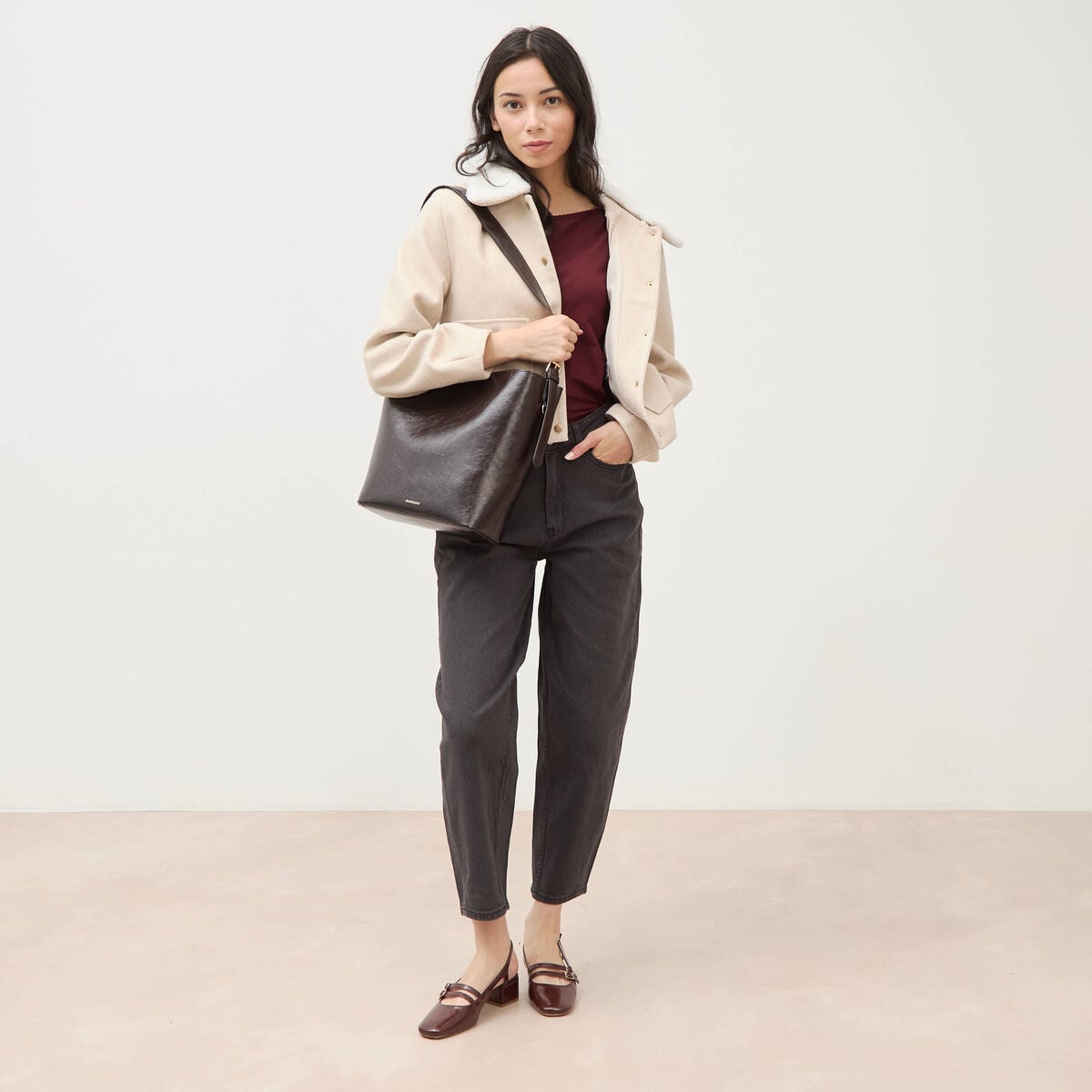 Blouson court oversize col sherpa creme femme