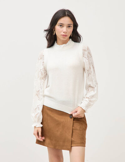 Pull droit col &agrave; volants manches longues ecru femme