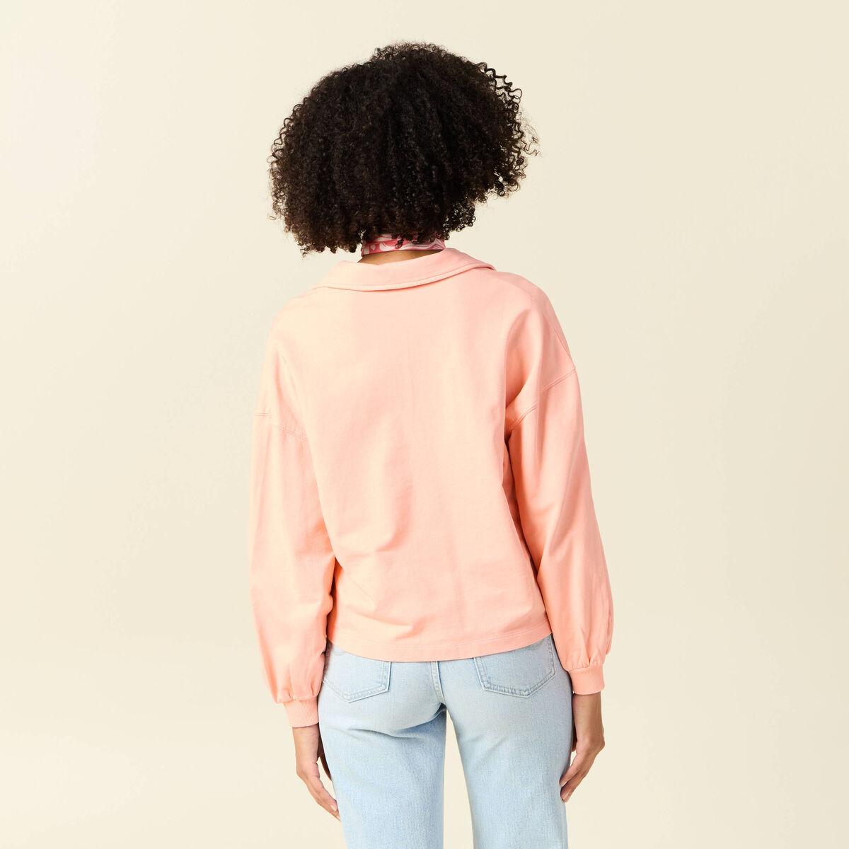 Sweat manches longues col polo rose saumon femme