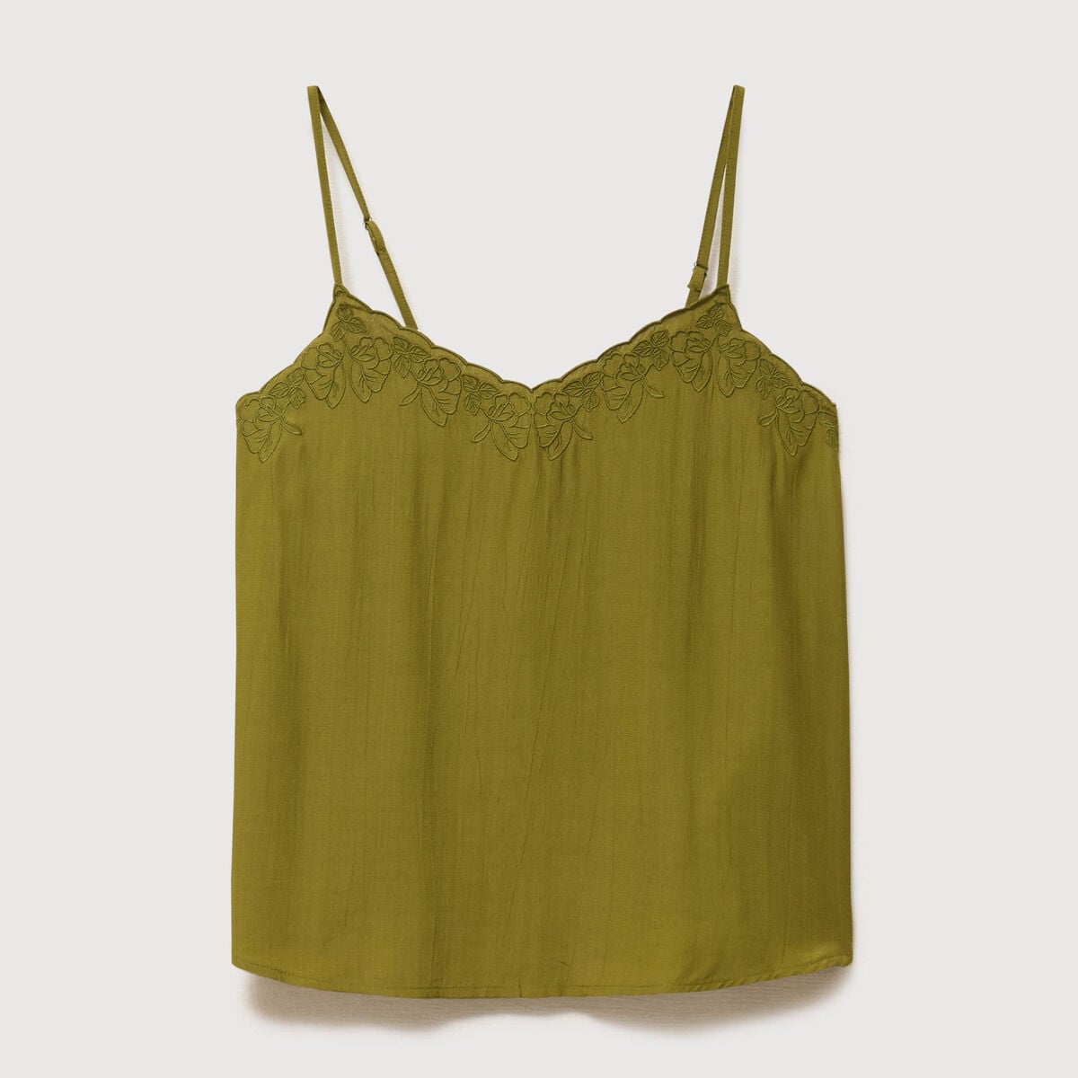 Caraco col v bretelles brod&eacute; vert kaki femme