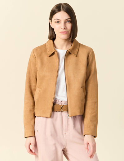 Blouson suédine col clouté beige femme
