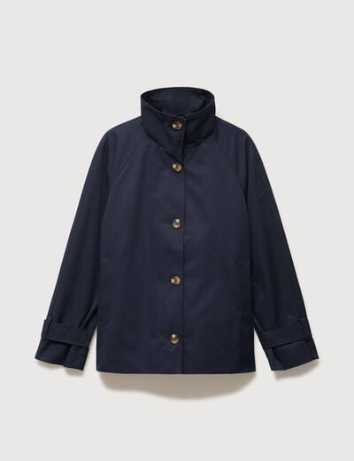 Trench droit court col montant bleu fonc&eacute; femme