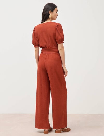 Blouse cropped manches courtes marron cognac femme