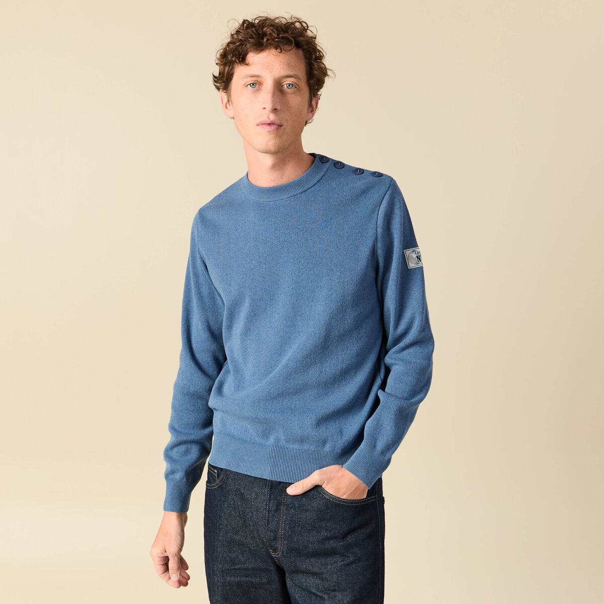 Pull fin col rond manches longues bleu fonc&eacute; homme