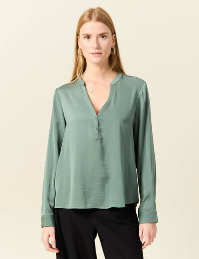 Blouse manches longues satin vert kaki femme