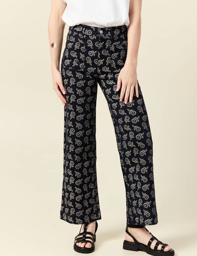 Pantalon large cropped taille haute bleu marine femme