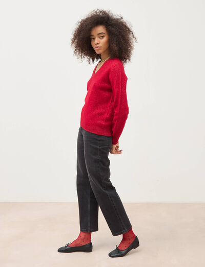 Pull droit col v manches longues rouge femme