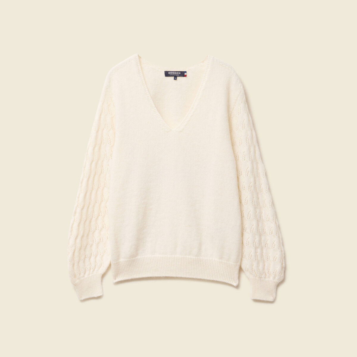 Pull ajouré col V manches longues ecru femme
