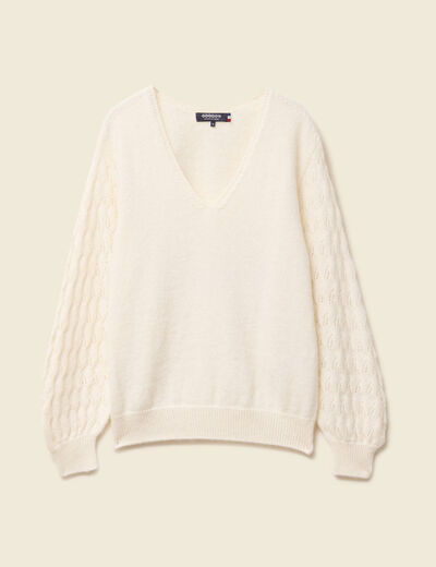 Pull ajouré col V manches longues ecru femme