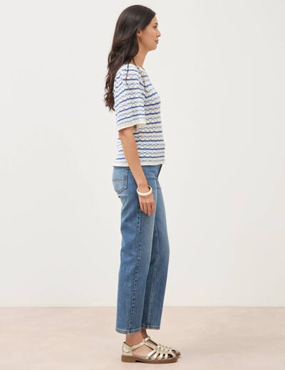 Pull col bateau manches courtes bleu femme