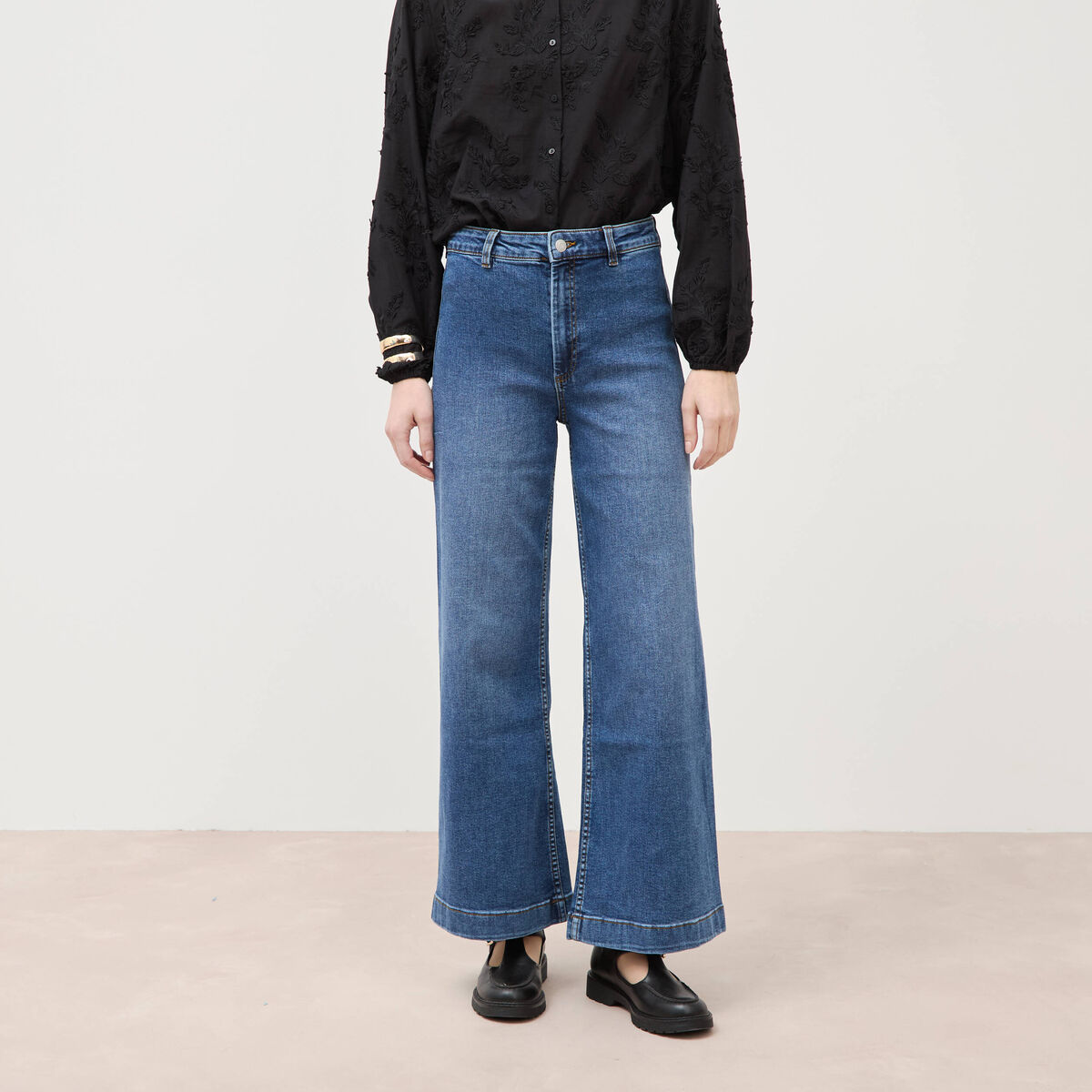 Jeans large taille haute denim stone femme