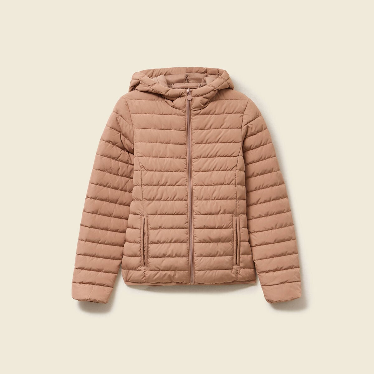 Doudoune ajust&eacute;e mi-longue &agrave; capuche marron clair femme