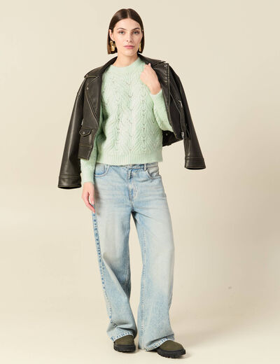 Pull ajour&eacute; droit court manches longues vert pastel femme