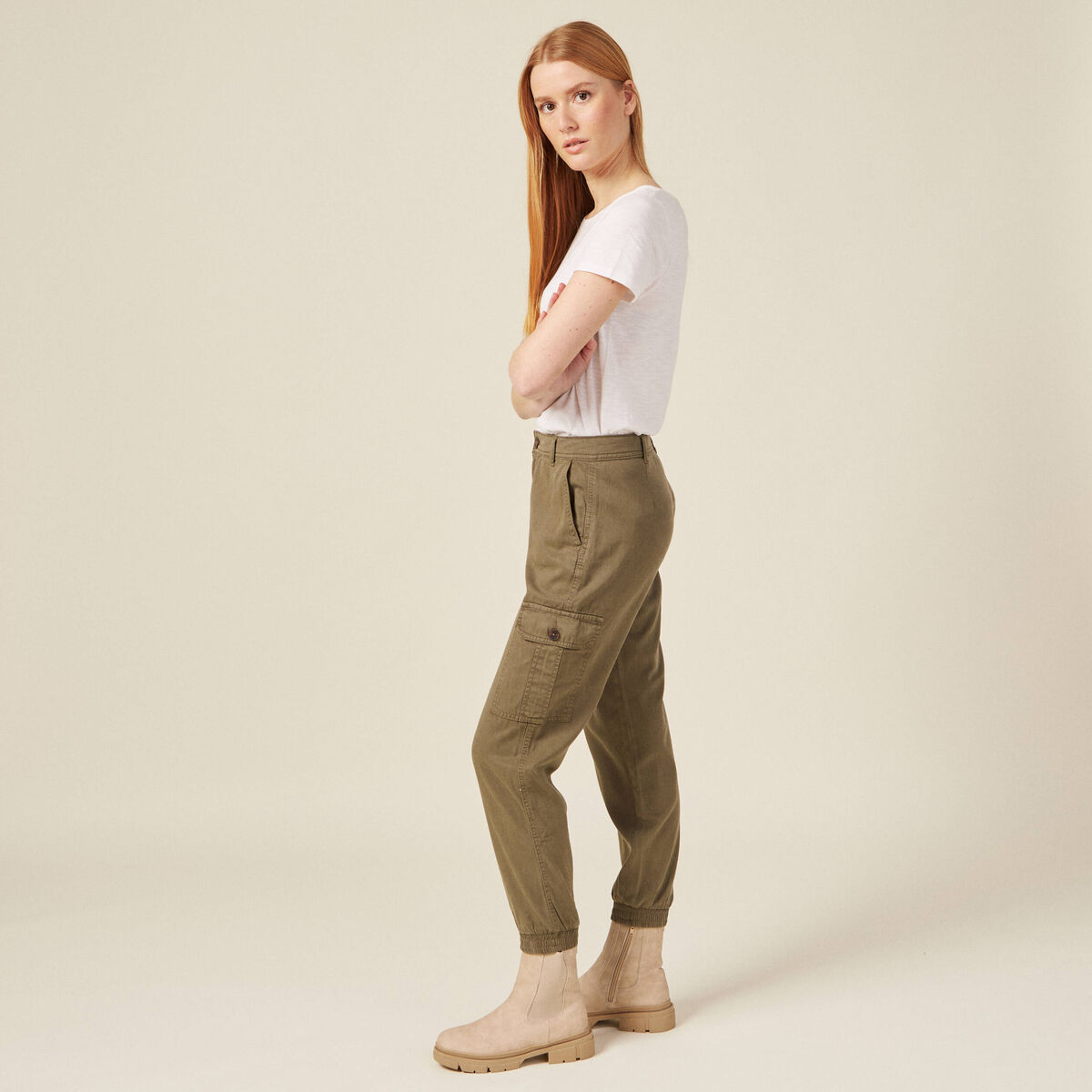 Pantalon battle 7/8&egrave;me taille standard vert kaki femme