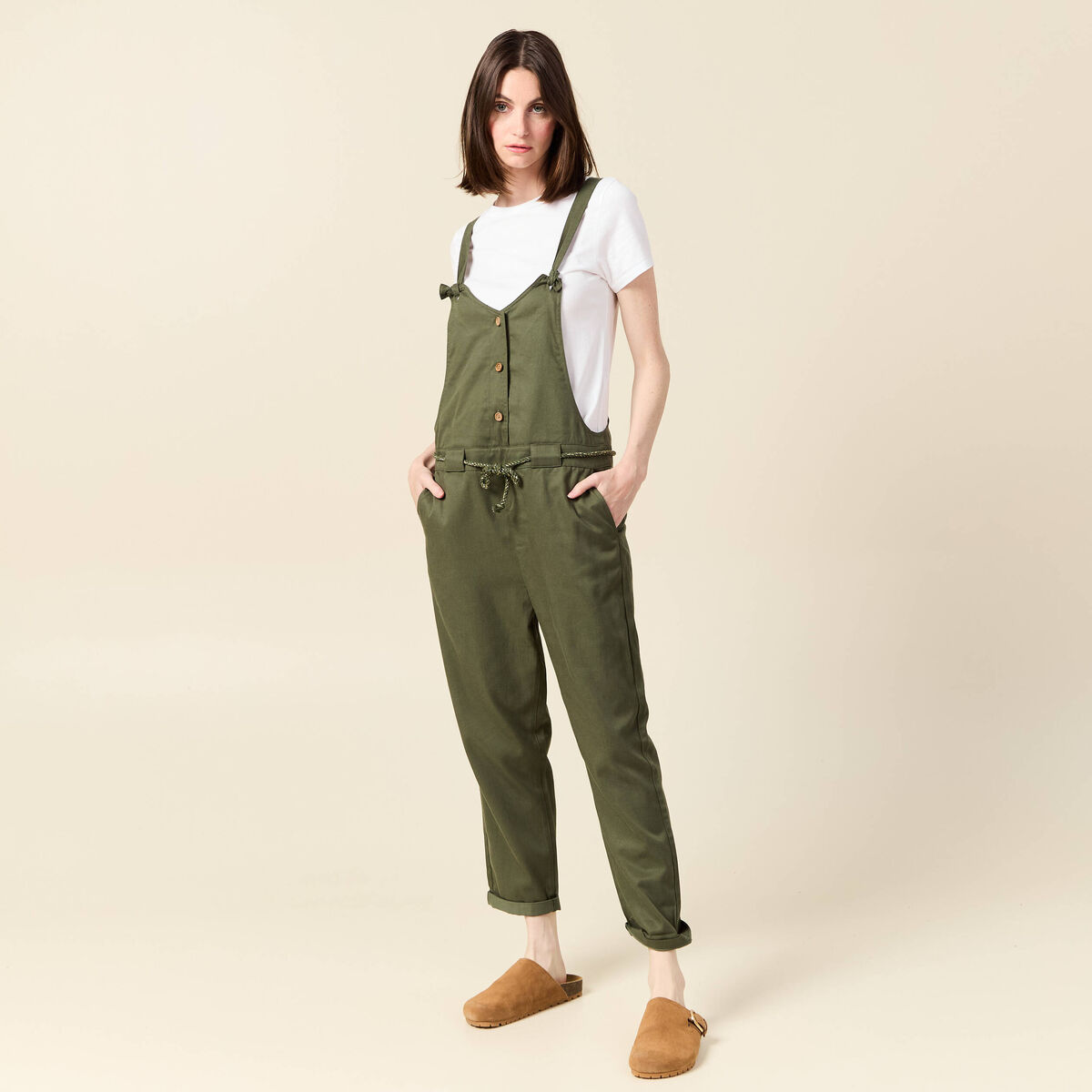 Salopette fluide boutonnée vert foncé femme