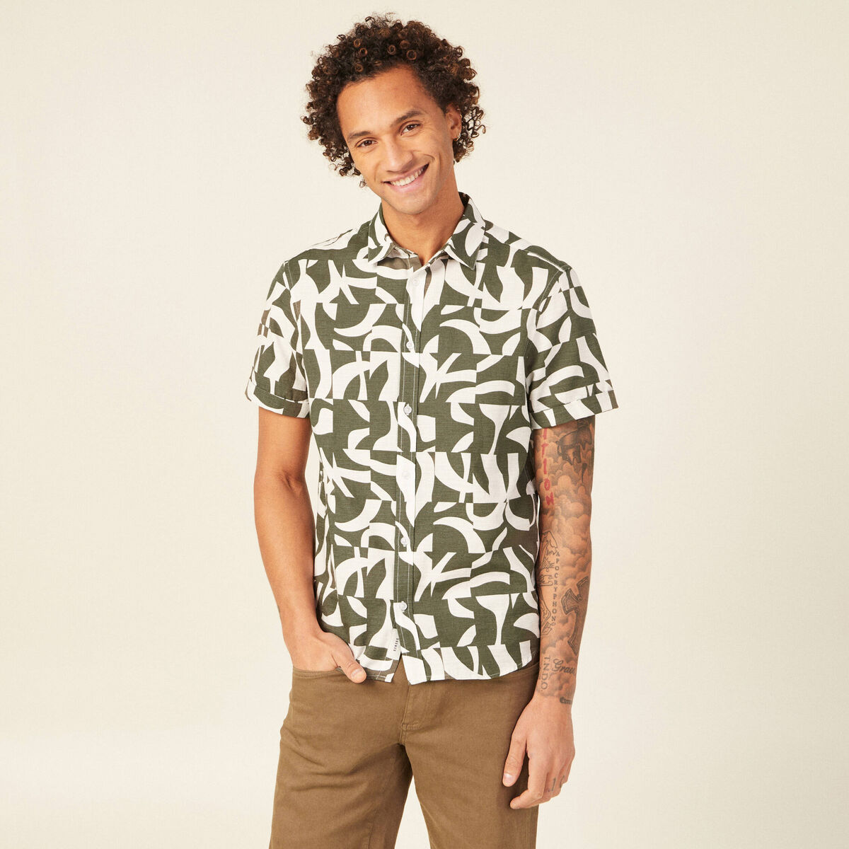 Chemise manches courtes vert kaki homme