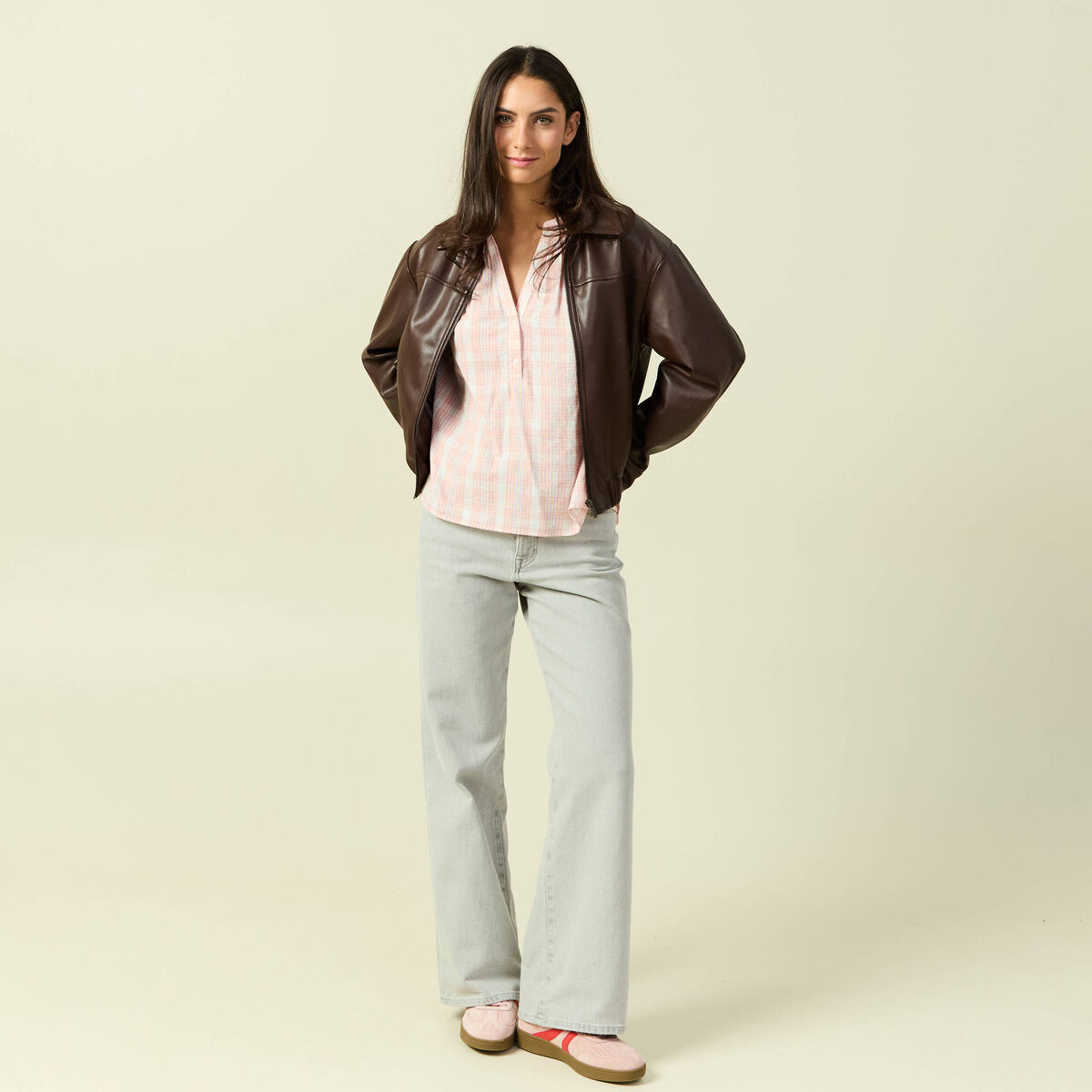 Blouse en coton &agrave; carreaux blanc femme