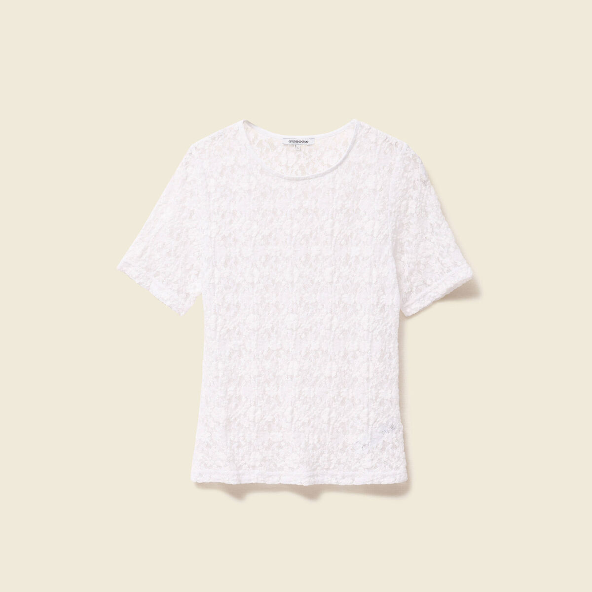 T-shirt cintr&eacute; col rond dentelle blanc femme