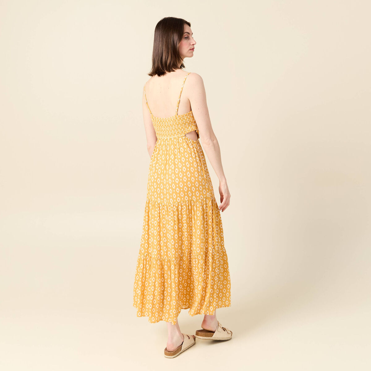 Robe longue évasée à perles jaune femme