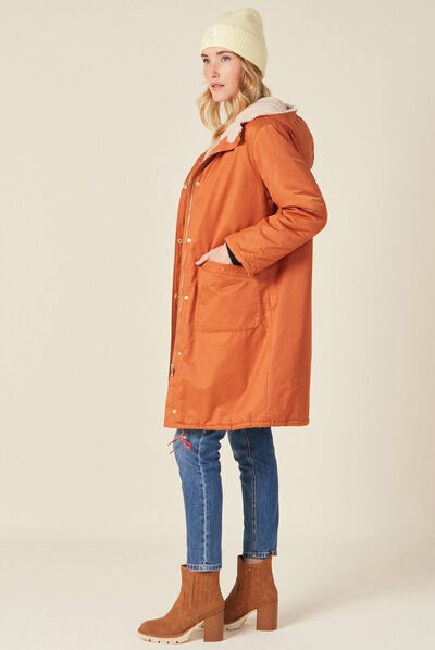 Parka droite à capuche doublée orange foncé femme