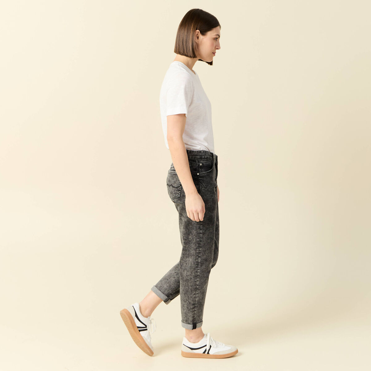 Jeans girlfriend 5 poches denim snow gris femme