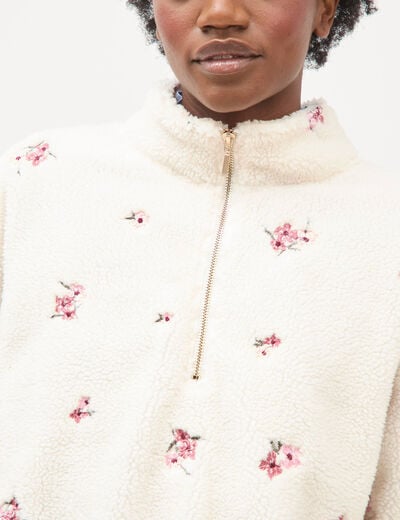 Sweat bouclette sherpa col montant ivoire femme