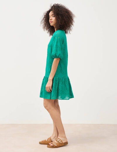 Robe dentelle col v manches coude vert femme