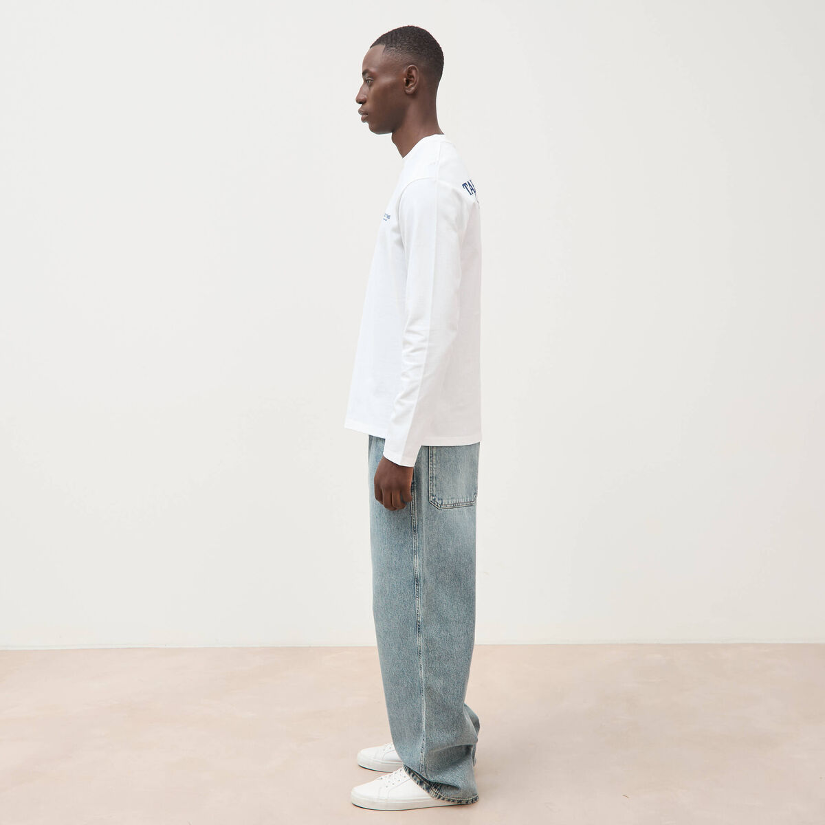 T-shirt droit en coton manches longues blanc homme