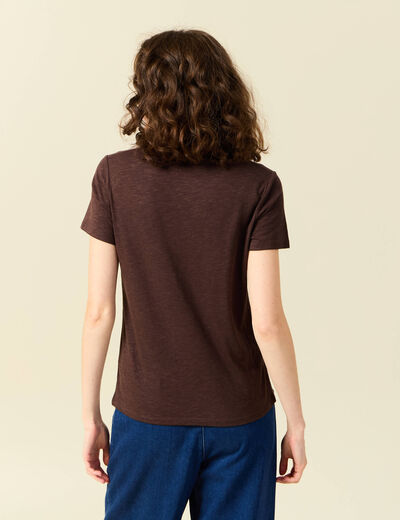 T-shirt col rond manches courtes marron femme