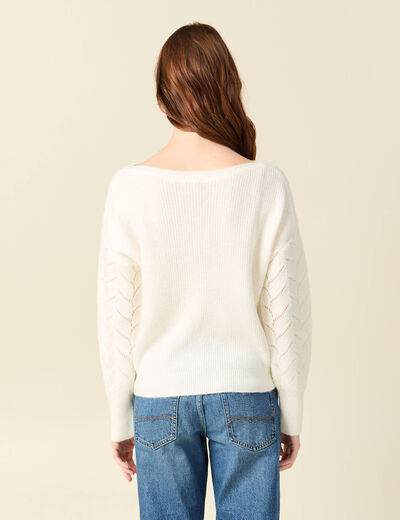 Pull ajour&eacute; col bateau manches longues ecru femme