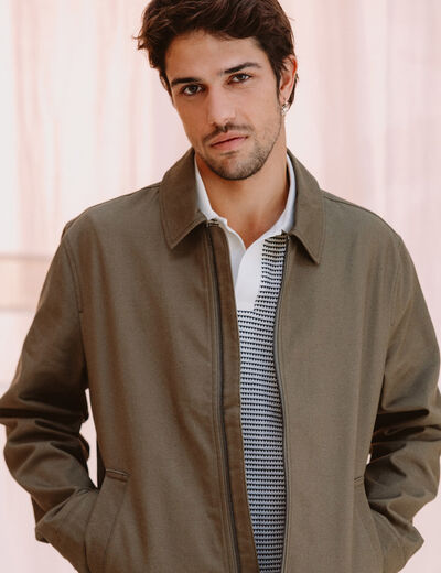 Blouson droit court en coton vert kaki homme