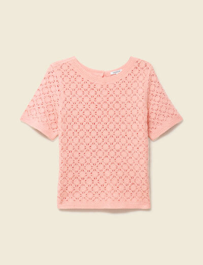 T-shirt ajour&eacute; col rond manches courtes rose saumon femme
