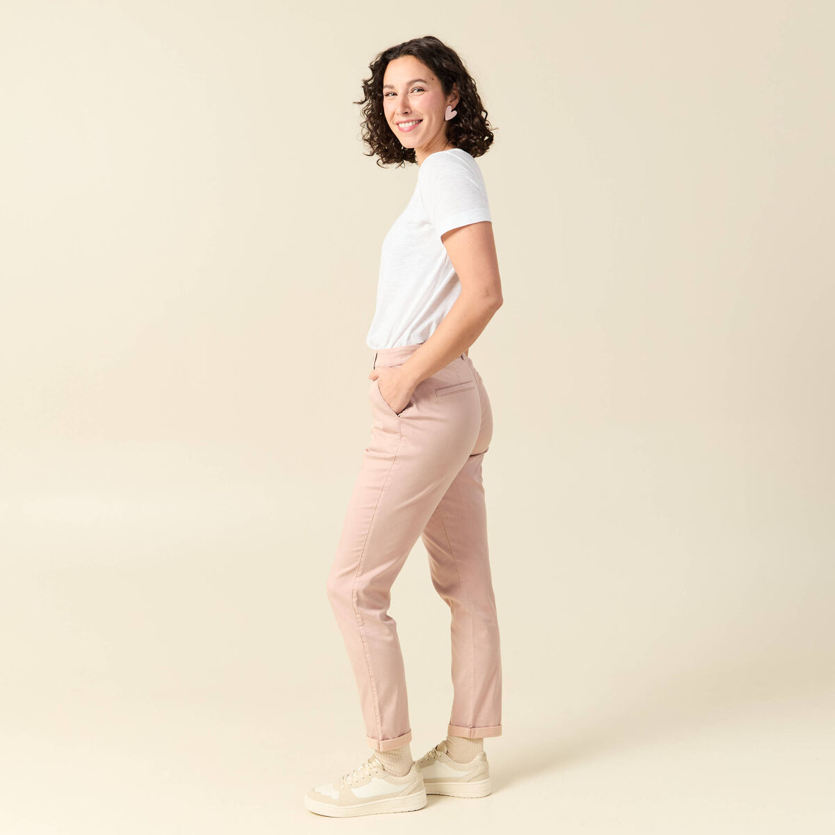 Chino cigarette 7/8&egrave;me taille haute rose clair femme