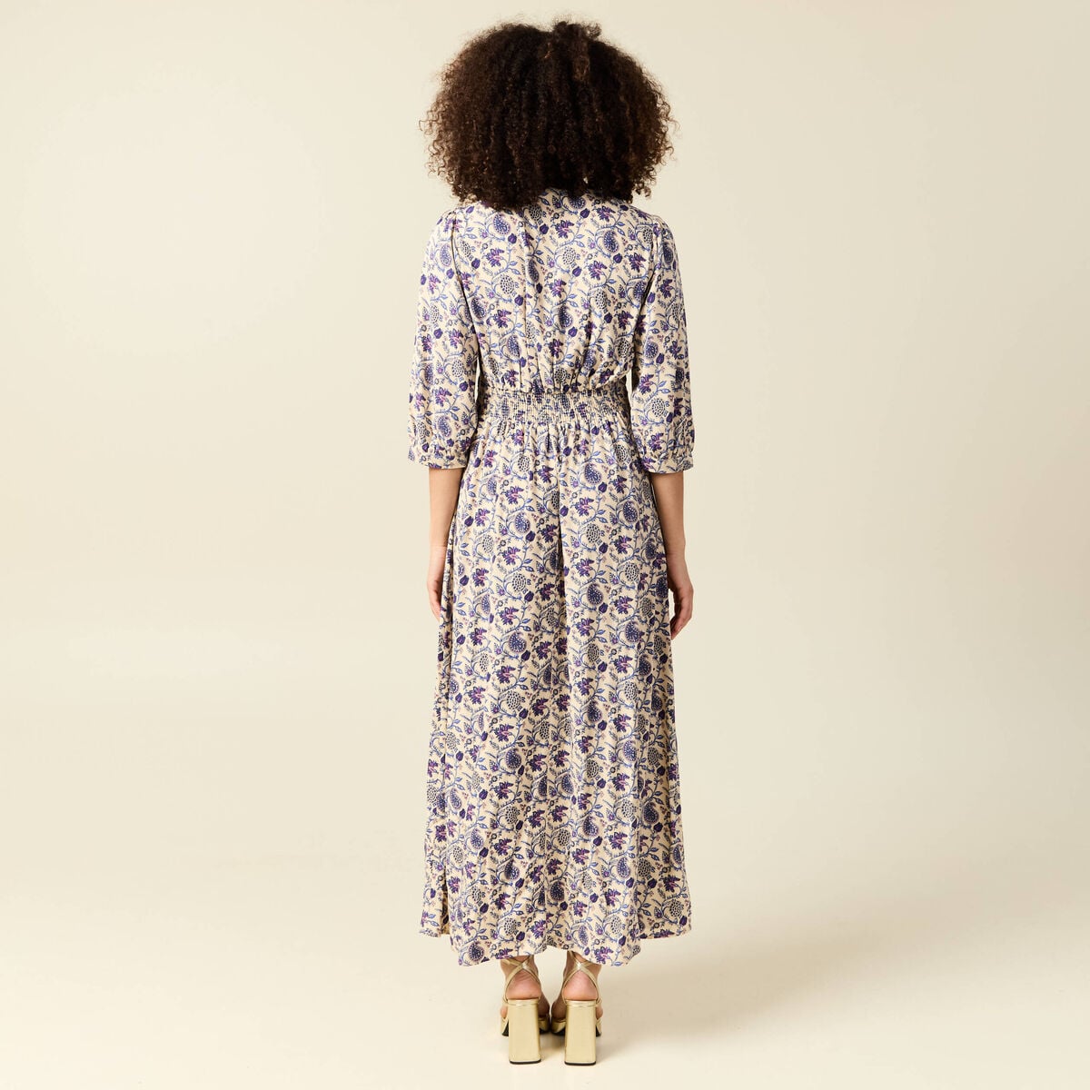 Robe col V manches longues bleu femme