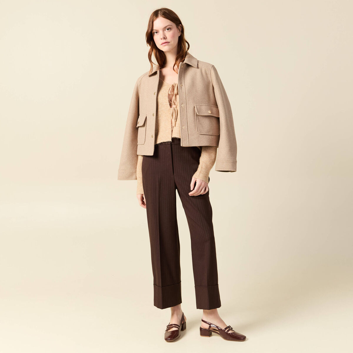 Pantalon taille haute marron fonc&eacute; femme