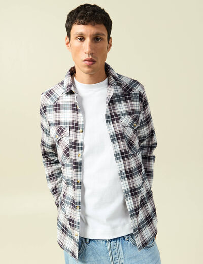 Chemise &agrave; carreaux manches longues ecru homme