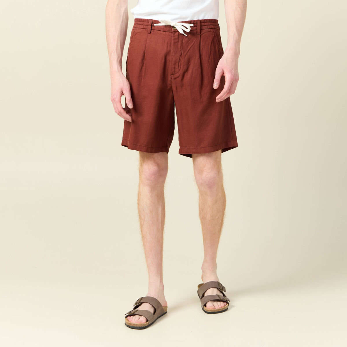 Bermuda droite &agrave; coulisse marron cognac homme