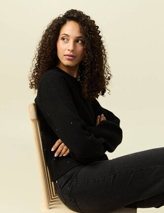 Pull manches longues col rond &agrave; sequins noir femme