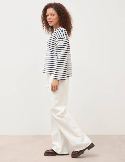 Pull droit manches longues broderie ecru femme