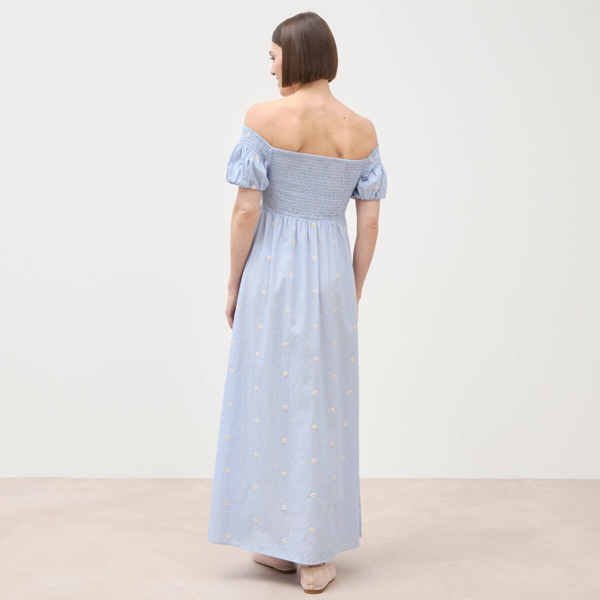 Robe col carr&eacute; manches courtes coton blanc femme
