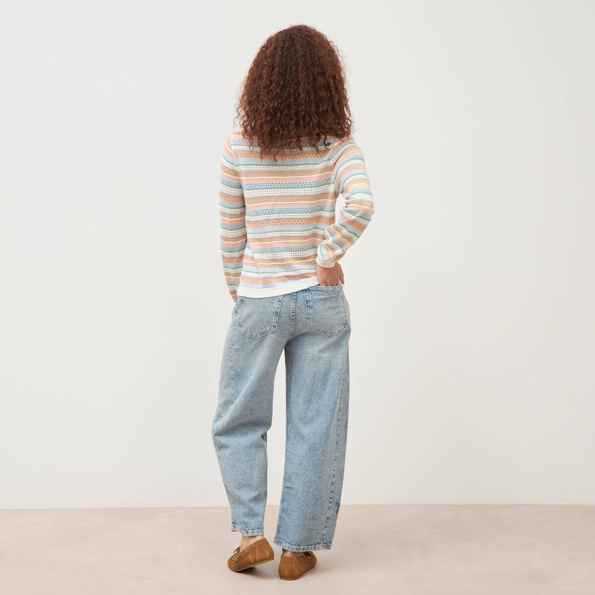 Pull ajour&eacute; col rond manches longues multicolore femme
