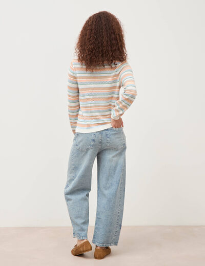 Pull ajour&eacute; col rond manches longues multicolore femme