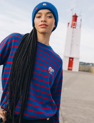 Pull manches longues col rond bleu roi femme
