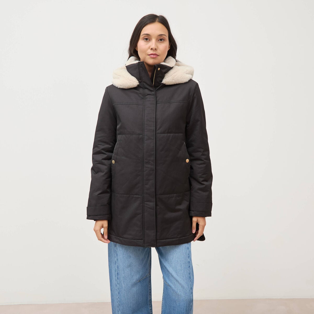 Parka droite &agrave; capuche noir femme