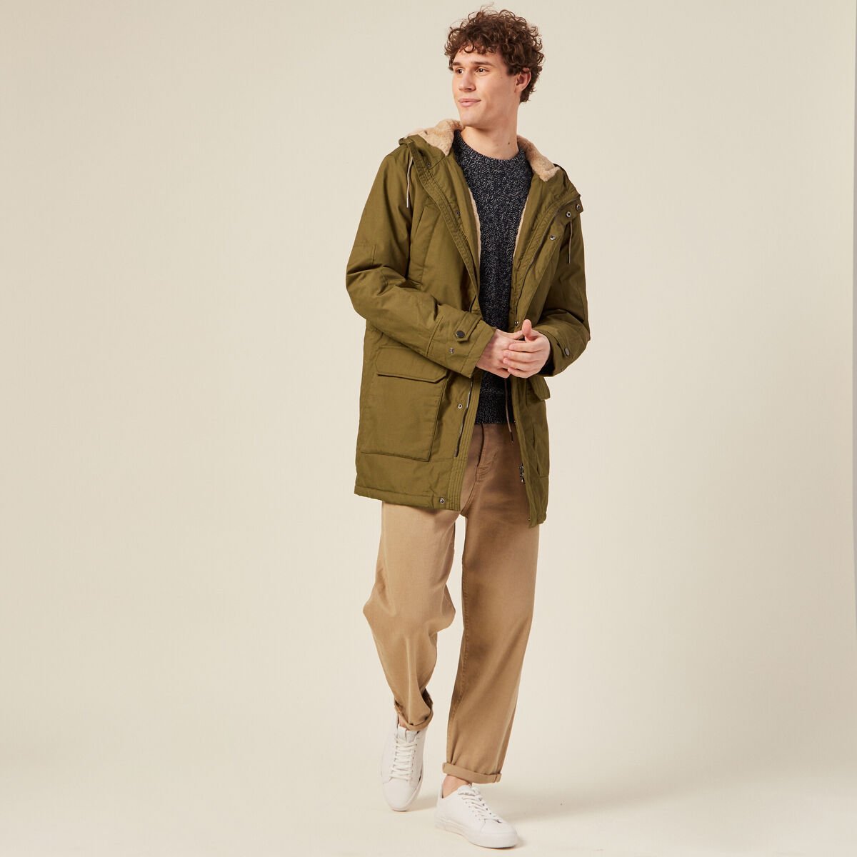 Parka droite à capuche camel homme
