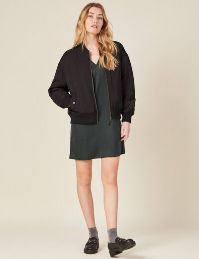 Robe droite col en V satin vert foncé femme